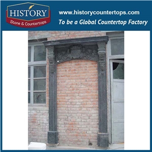 Large Black Marble Stone Entrance Main Gates Door Frames with Craved Flowers, Exterior Freestanding Front Door Surrounds