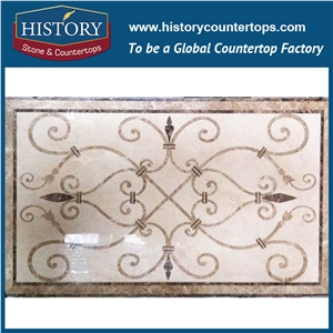 Light and Dark Emperador, Cream Marfil Beige Marble Stone Water Jet Cutting Mosaic Tiles Floor Rectangular Simple Designs Floor Medallions