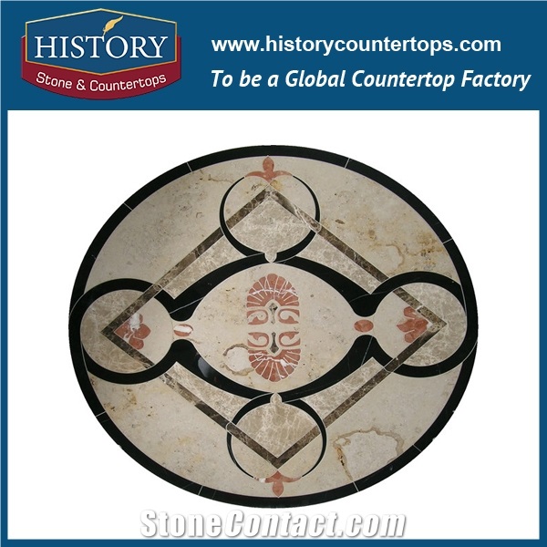 Light Emperador, Century Beige, Rojo Alicante Marble Cnc Water Jet Stone Mosaic Tiles, Round Pattern Seal Artistic Decoration Floor Medallions
