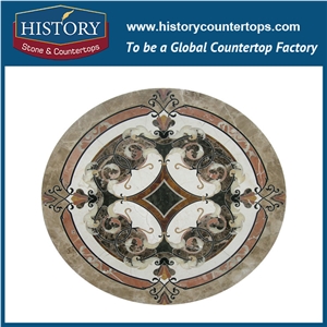 Light Emperador, Century Beige, Rojo Alicante Marble Cnc Water Jet Stone Mosaic Tiles, Round Pattern Seal Artistic Decoration Floor Medallions