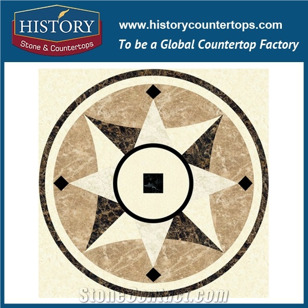 Light Emperador, Cream Marfil Marble, Black Galaxy Granite, Water Jet Mosaic Tiles Round Starburst Pattern Interior Decorative Floor Medallions