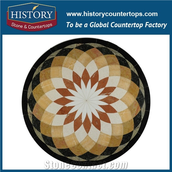 Light Emperador, Cream Marfil Marble, Black Galaxy Granite, Water Jet Mosaic Tiles Round Starburst Pattern Interior Decorative Floor Medallions
