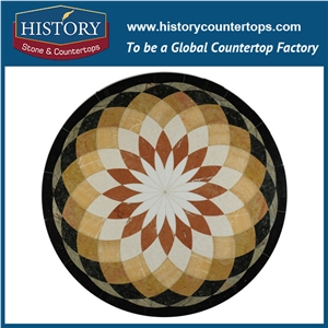 Light Emperador, Cream Marfil Marble, Black Galaxy Granite, Water Jet Mosaic Tiles Round Starburst Pattern Interior Decorative Floor Medallions
