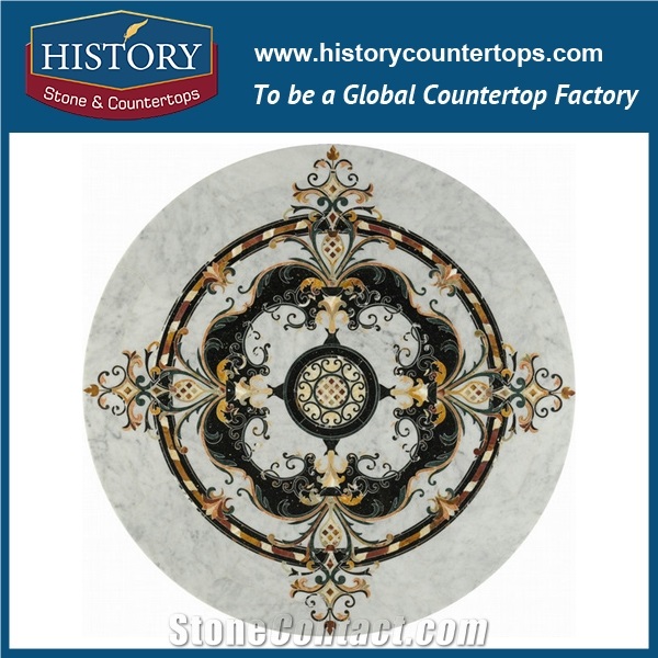 Light Emperador, Cream Marfil Marble, Black Galaxy Granite, Water Jet Mosaic Tiles Round Starburst Pattern Interior Decorative Floor Medallions