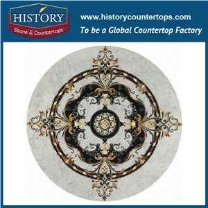 Light Emperador, Cream Marfil Marble, Black Galaxy Granite, Water Jet Mosaic Tiles Round Starburst Pattern Interior Decorative Floor Medallions