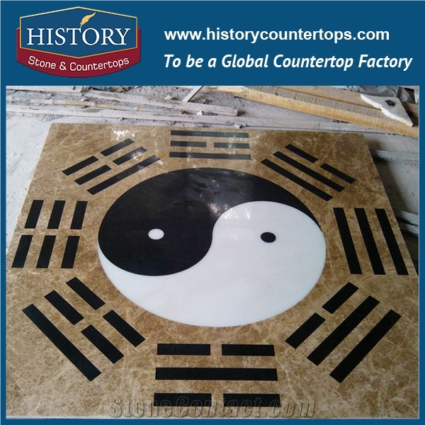 Light Emperador, White Jade, Black Stone Marble, Water Jet Cutting Mosaic Tiles Designs, Round China Eight Diagrams Flooring Inlay Medallions