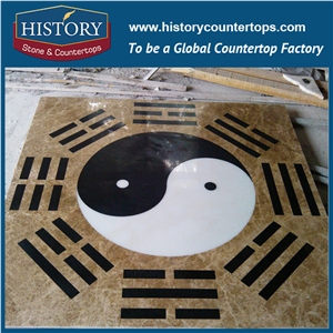 Light Emperador, White Jade, Black Stone Marble, Water Jet Cutting Mosaic Tiles Designs, Round China Eight Diagrams Flooring Inlay Medallions