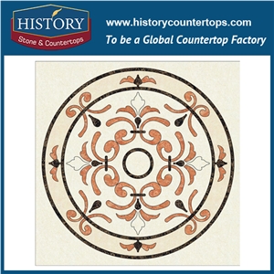 Light Emperador, White Jade, Black Stone Marble, Water Jet Cutting Mosaic Tiles Designs, Round China Eight Diagrams Flooring Inlay Medallions