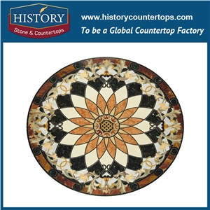 Multicolor and Honey Onyx Black Galaxy Granite Cream Marfil Marble Water Jet Mosaic Tiles, Hotel Lobby Floor Round Sunflower Medallions