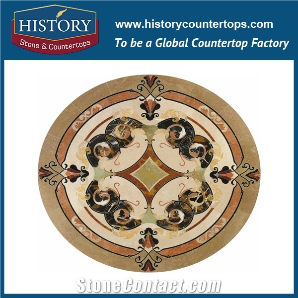 Multicolor and Honey Onyx Black Galaxy Granite Cream Marfil Marble Water Jet Mosaic Tiles, Hotel Lobby Floor Round Sunflower Medallions