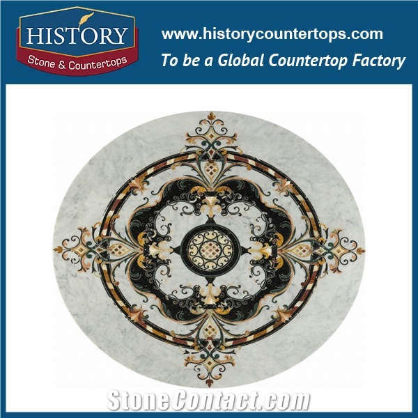 Natural Bianco Carrara Verde Alpi Marble Stone Black Galaxy Granite Water Jet Cutting Flooring Decorative Mosaic Tiles Round Flower Pattern Medallions