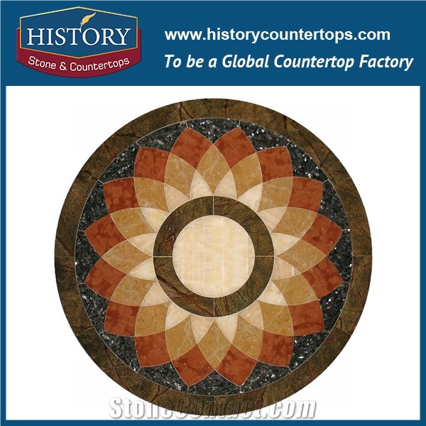 Natural Bianco Carrara Verde Alpi Marble Stone Black Galaxy Granite Water Jet Cutting Flooring Decorative Mosaic Tiles Round Flower Pattern Medallions