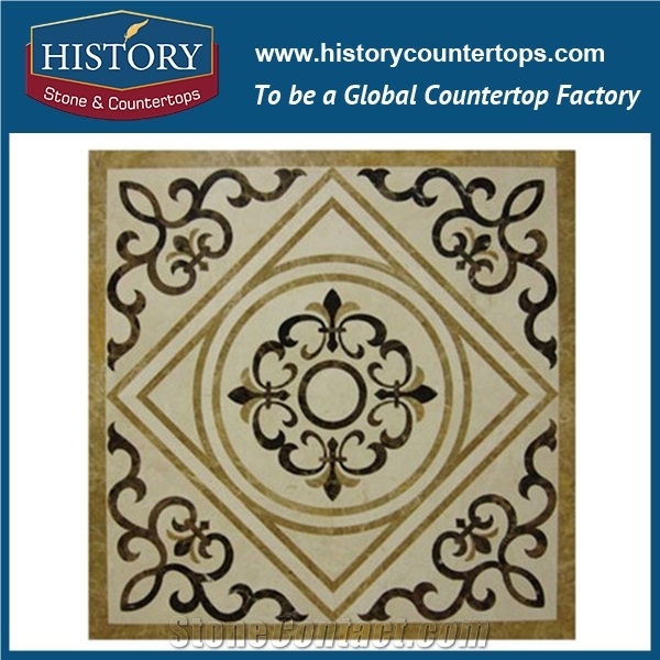 Natural Cream Marfil Beige, Dark and Light Emperador Stone Marble Water Jet Cut Mosaic Tiles Square Flower Floor Inlay Covering Medallions