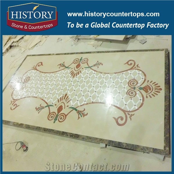 Natural Cream Marfil Beige, Light Emperador, Rosso Verona Marble Water Jet Mosaic Tiles, Rectangular Floral Villa, Lobby, Hotel Flooring Medallions