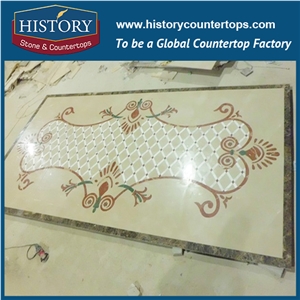 Natural Cream Marfil Beige, Light Emperador, Rosso Verona Marble Water Jet Mosaic Tiles, Rectangular Floral Villa, Lobby, Hotel Flooring Medallions