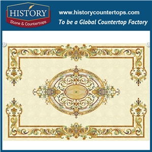 Natural Cream Marfil Beige, Light Emperador, Rosso Verona Marble Water Jet Mosaic Tiles, Rectangular Floral Villa, Lobby, Hotel Flooring Medallions