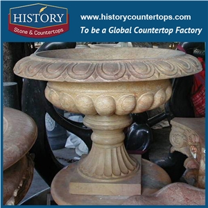 Natural Stone Beige Sandstone Hand Carving Garden Outdoor Ornamental Flower Planters, Exterior Round Shaped Flowerpots Display Stands