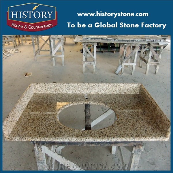 Natural Stone Yellow Color Polishing Granite Countertop, Bathroom Vanity Tops with Faucet Holes for Sale