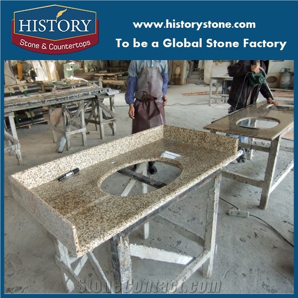 Natural Stone Yellow Color Polishing Granite Countertop, Bathroom Vanity Tops with Faucet Holes for Sale