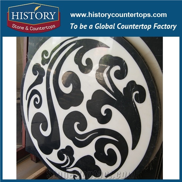 Natural White Jade, Black Nero Marguina Stone Marble Designs Water Jet Cut Mosaic Tiles Supply for Sale Round Cloudy Hotel Hall Medallions
