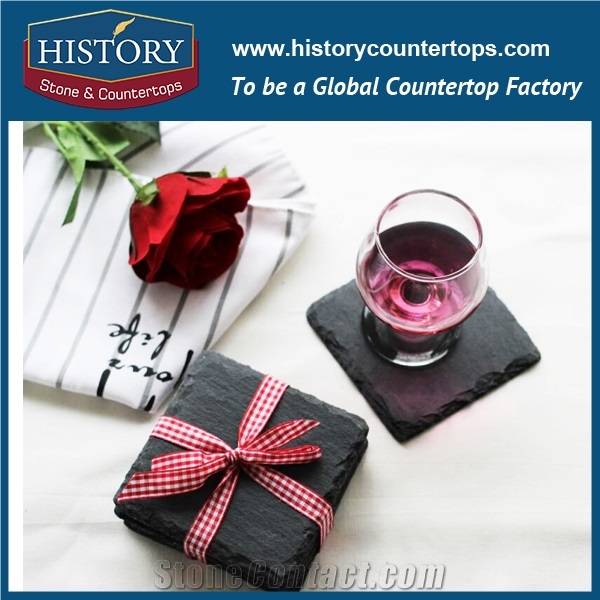 Nature Black Slate Stone Square Shape Arts Products Cup Mat Series, Slate Plate Trays and Dishes