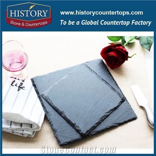 Nature Black Slate Stone Square Shape Arts Products Cup Mat Series, Slate Plate Trays and Dishes