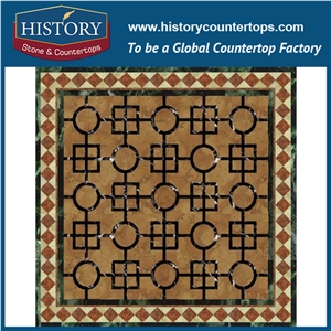 Nero Marguina, Verde and Red Marble Water Jet Mosaic Tiles, Hotel Lobby Floor Covering Square Geometric Family Decorative Medallions