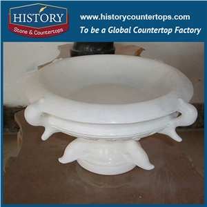 Outdoor Decorative Natural White Jade Marble Round Teacup Shaped Handmade Carving Flowerpots Plant Base, Exterior Flowers Boxes