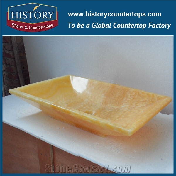 Polished Rectangle Wash Basins in Bathroom, Yellow Honey Onyx Stone Washing Sink, Bathroom Wash Sinks in Garden, Kitchen Wash Bowls with One Hole