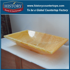 Polished Rectangle Wash Basins in Bathroom, Yellow Honey Onyx Stone Washing Sink, Bathroom Wash Sinks in Garden, Kitchen Wash Bowls with One Hole