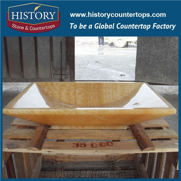 Polished Rectangle Wash Basins in Bathroom, Yellow Honey Onyx Stone Washing Sink, Bathroom Wash Sinks in Garden, Kitchen Wash Bowls with One Hole