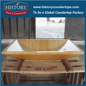 Polished Rectangle Wash Basins in Bathroom, Yellow Honey Onyx Stone Washing Sink, Bathroom Wash Sinks in Garden, Kitchen Wash Bowls with One Hole