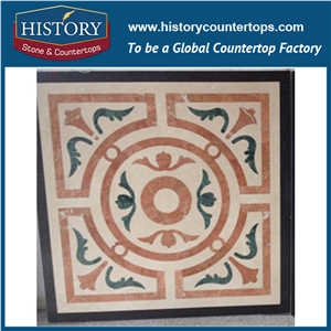 Rose Marble Verde, Black, Cream Marfil Stone Water Jet Cutting Used Mosaic Tiles Molds Square Leaf Pattern Luxury Floor Inlay Medallions