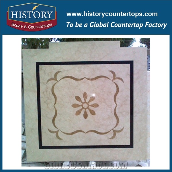 Spain Beige, Light Emperador, Black Marble Designs, Water Jet Cut Floor Inlay Mosaic Tiles, Square Simple Pictures Medallions for Villa, Hotel