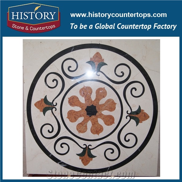 Spain Beige, Light Emperador, Black Marble Designs, Water Jet Cut Floor Inlay Mosaic Tiles, Square Simple Pictures Medallions for Villa, Hotel