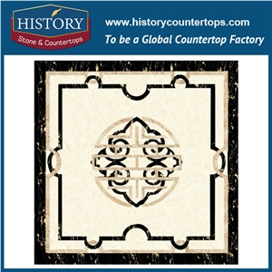 Spain Cream Marfil Beige, Black Marble Designs Water Jet Cutting Artistic Mosaic Tiles, Square Cloud Hotel, Mall, Passage Entry Way Medallions