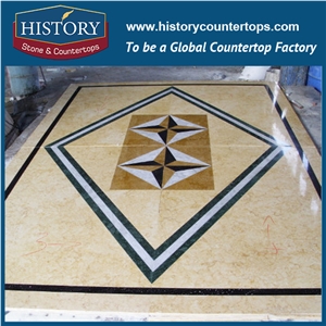 Spain Cream Marfil, Carrara White, Inca Gold Marble Cnc Water Jet Mosaic Tiles Rectangular Geometric Floor Inlay Natural Stone Medallions