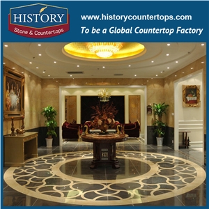 Spain Cream Marfil, Dark Emperador Brown and Black Marble Designs, Water Jet Cutting Mosaic Tiles, Round Flower Shaped Hotel, Mall Medallions