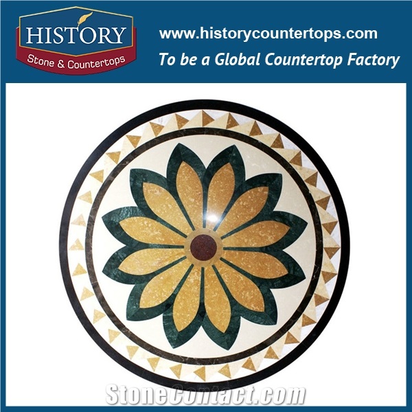 Verde Alpi, Light and Dark Emperador Marble Designs, Water Jet Cut Inlay Mosaic Tiles, Round Starburst Medallions for Villa, Hotel, Mall, Lobby