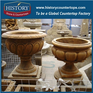 Western Garden Decoration Yellow Sandstone Flowerpots Display Molds, Hand Carving Flower Planters Vases and Pots with Different Shapes