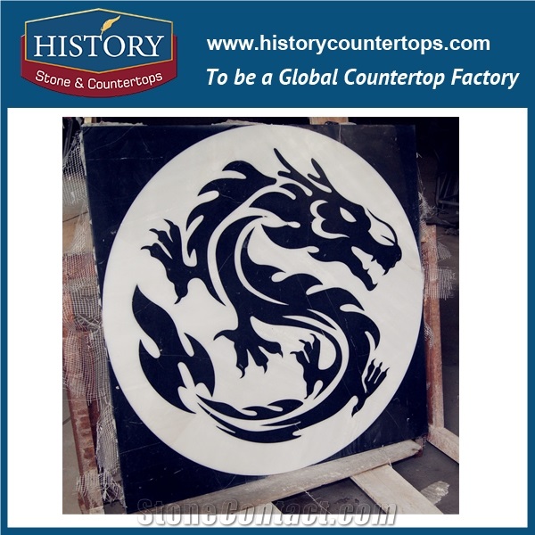 White Jade, Black Marble Stone Designs Water Jet Cutting Mosaic Tiles Arts Hotel Floor Covering Square China Dragons Pattern Medallions