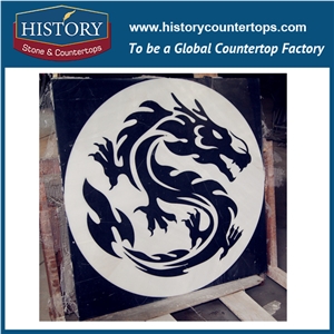 White Jade, Black Marble Stone Designs Water Jet Cutting Mosaic Tiles Arts Hotel Floor Covering Square China Dragons Pattern Medallions