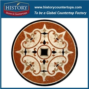 White Jade, Black Nero Marguina, Golden Yellow Marble Water Jet Cutting Mosaic Tiles Arts, Round Starburst Inlay Decorative Floor Medallions