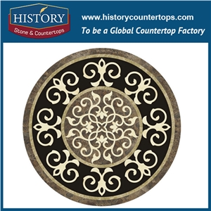 White Jade, Black Nero Marguina, Golden Yellow Marble Water Jet Cutting Mosaic Tiles Arts, Round Starburst Inlay Decorative Floor Medallions