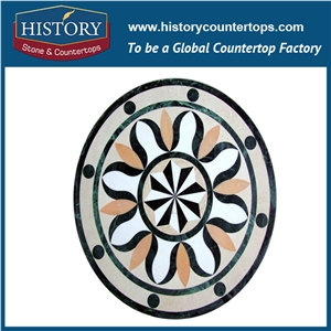 White Jade, Black Nero Marguina, Golden Yellow Marble Water Jet Cutting Mosaic Tiles Arts, Round Starburst Inlay Decorative Floor Medallions