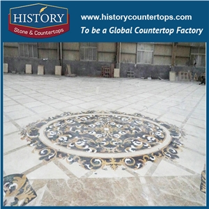 White Jade, Black Nero Marguina, Golden Yellow Marble Water Jet Cutting Mosaic Tiles Arts, Round Starburst Inlay Decorative Floor Medallions