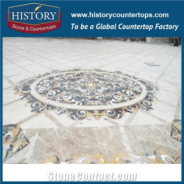 White Jade, Black Nero Marguina, Golden Yellow Marble Water Jet Cutting Mosaic Tiles Arts, Round Starburst Inlay Decorative Floor Medallions
