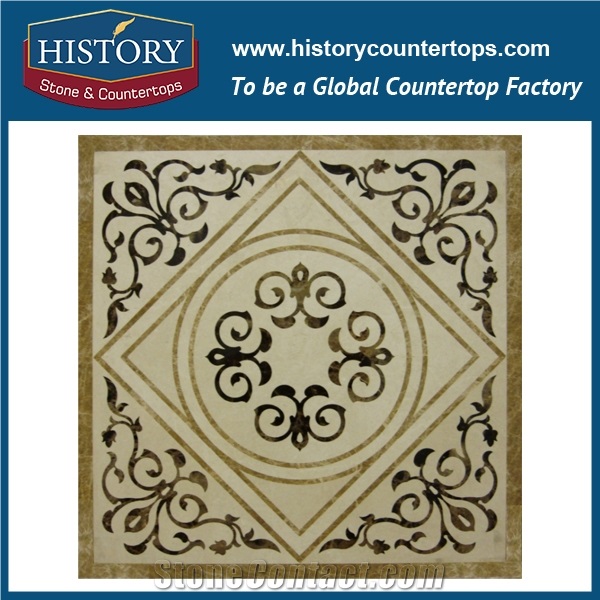 White Jade, Cream Marfil, Brown Marble Stone Water Jet Premium Sicis Mosaic Decorative Tiles Molds Square Chinese Characters Medallions