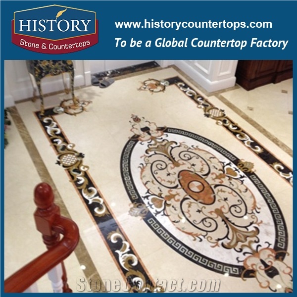 White Jade, Cream Marfil Marble Ocean Red Granite Water Jet Cut Best Stone Mosaic Tiles, Rectangular Shuriken Restaurant Floor Covering Medallions