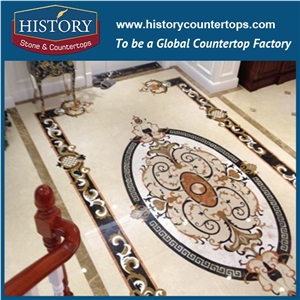 White Jade, Cream Marfil Marble Ocean Red Granite Water Jet Cut Best Stone Mosaic Tiles, Rectangular Shuriken Restaurant Floor Covering Medallions